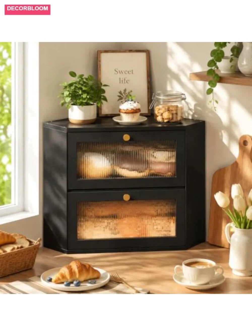 Corner Bamboo Bread Box Double Layer Storage with Transparent Door